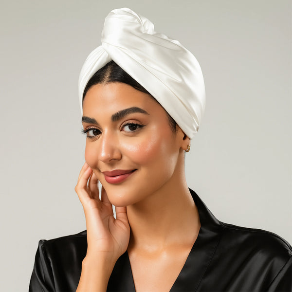 Pure Silk Hair Towel 2 in 1 - Pearl White Color - 22 Momme