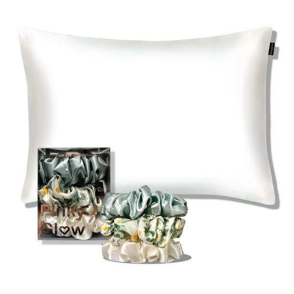 White silk pillowcase + Flora tie set