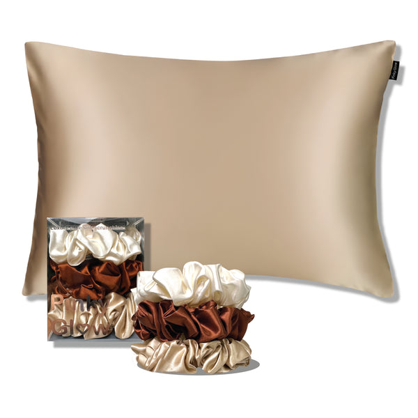 Beige silk pillowcase + mocha tie set
