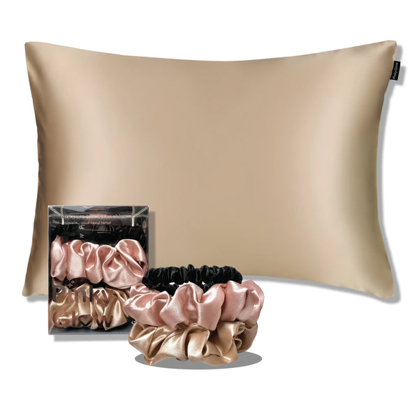 Beige silk pillowcase + mocha tie set
